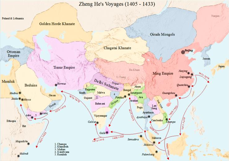 Azja wschodnia - Chiny, Korea, Japonia, Tybet - mapy - 800px-Voyages_of_Zheng_He.png