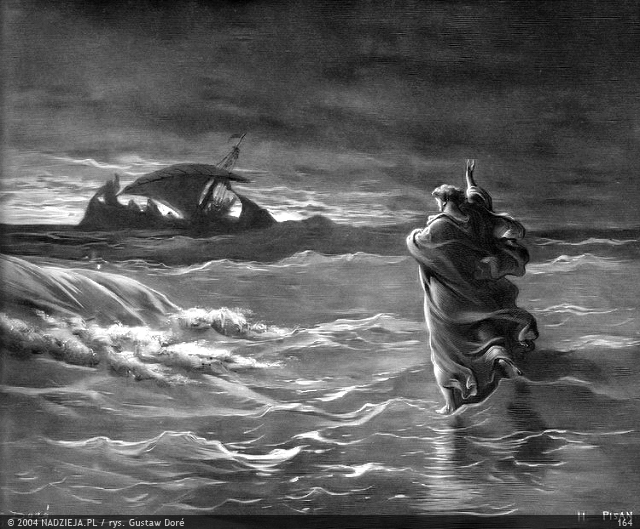 Grafiki Gustawa Dor do Biblii Jakuba Wujka - 164 Jezus chodzi po morzu Ś. Mateusz 14,26.jpg
