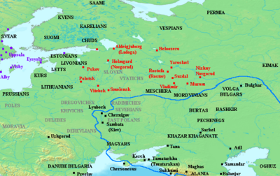 Sarmatians Zapomn... - East Polans - Map showing Varangian or Rus settle...ry. Khazar influence indicated with blue outline.png